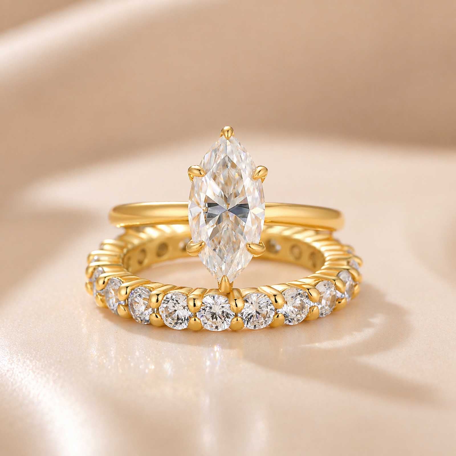 S925 Moissanite 2.0Ct Marquise Cut Hidden Halo Engagement Ring with Pavé Eternity Ring Stackable Ring Set