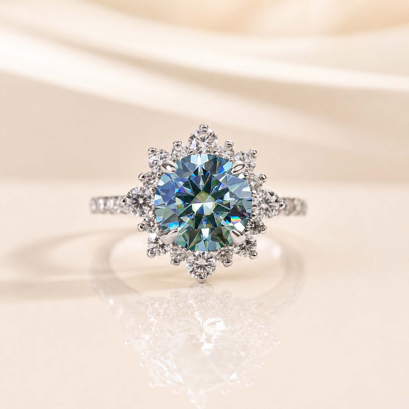 S925 Moissanite 2 Ct Snowflake Design Halo Round Cyan Blue Stone Engagement Ring