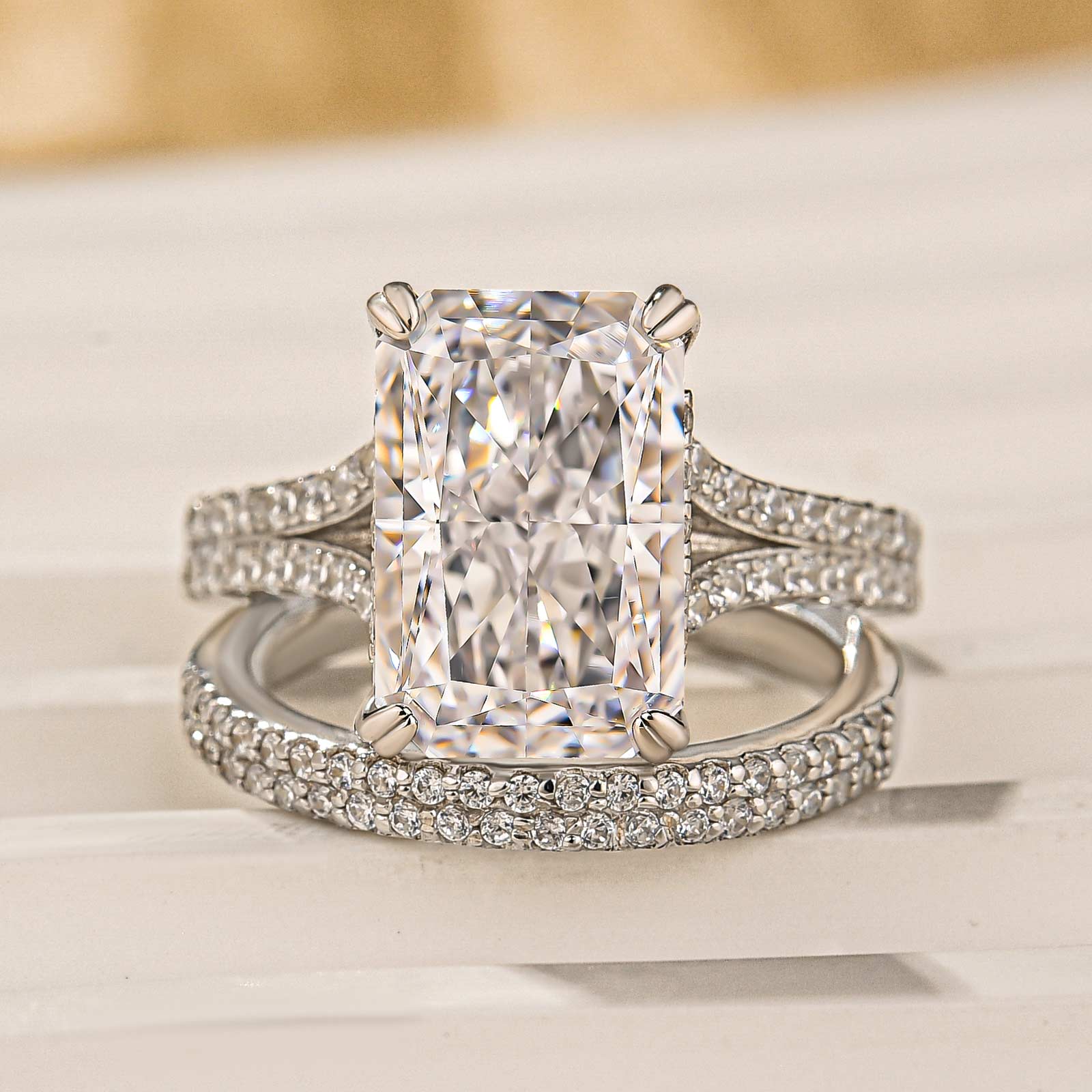 2PC Wedding Ring Set 5.5Ct Radiant Cut Engagement Ring With Double Line Pave Wedding Band