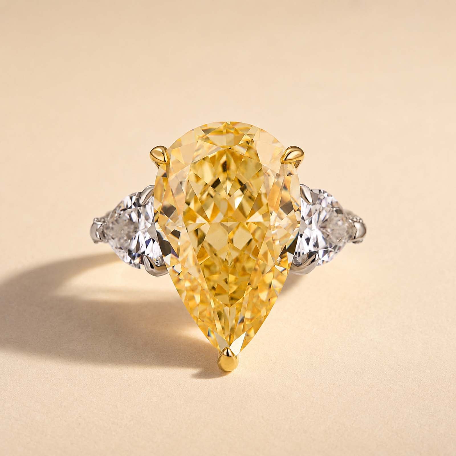 S925 Stunning Pear Cut Yellow/Pink Sapphire Three Stone Engagement Ring