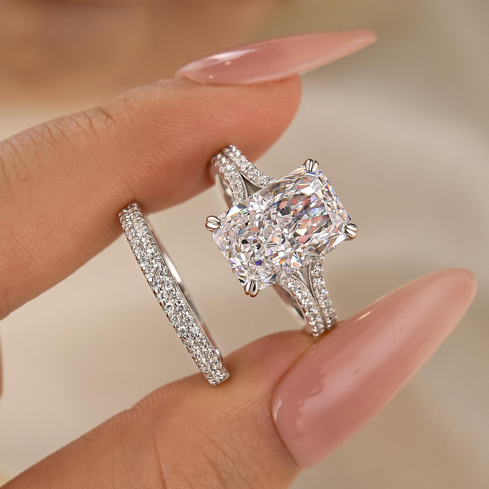 2PC Wedding Ring Set 5.5Ct Radiant Cut Engagement Ring With Double Line Pave Wedding Band