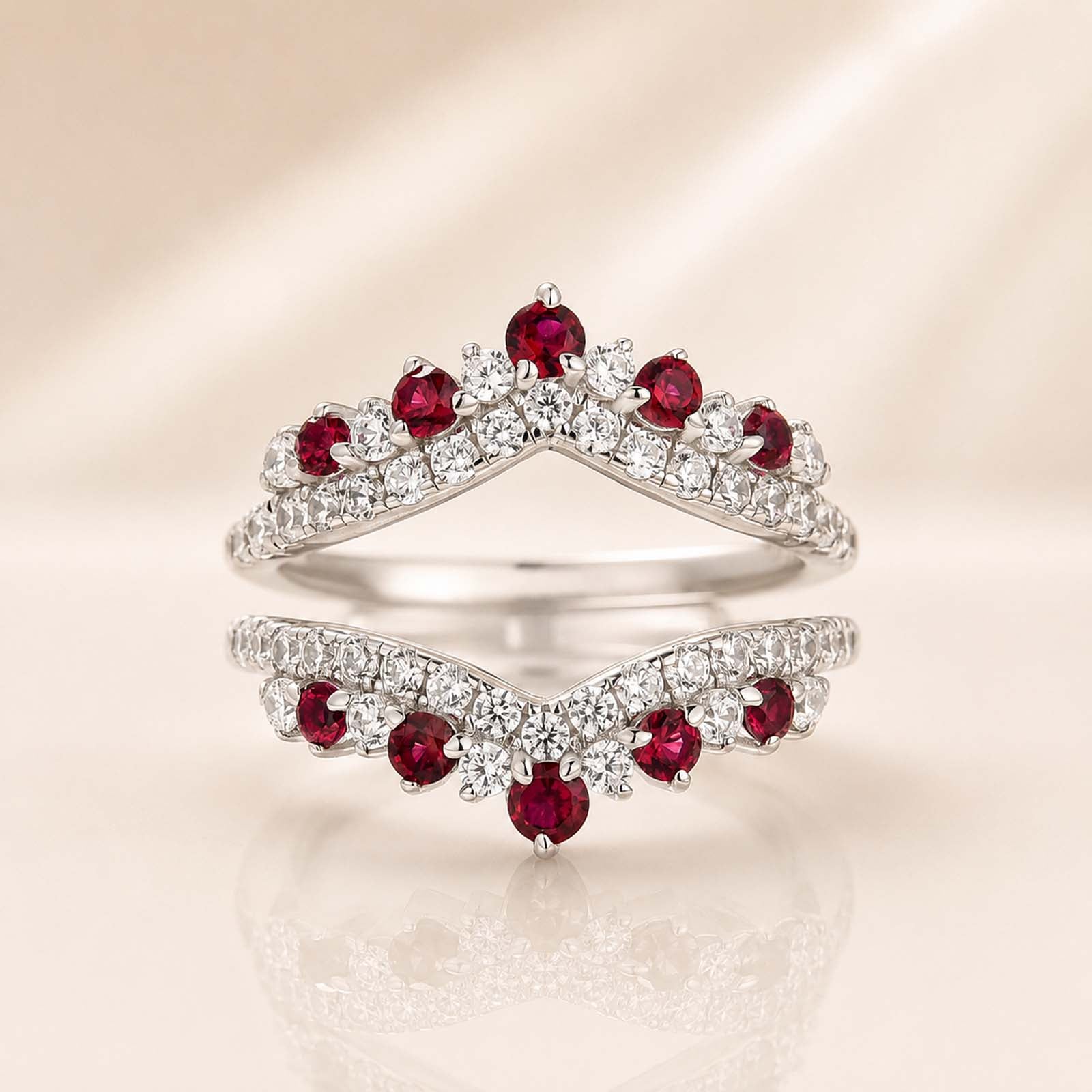 S925 Red&White Round Cut Chevron Wedding Band Enhancer Stackable Ring In Sterling Silver