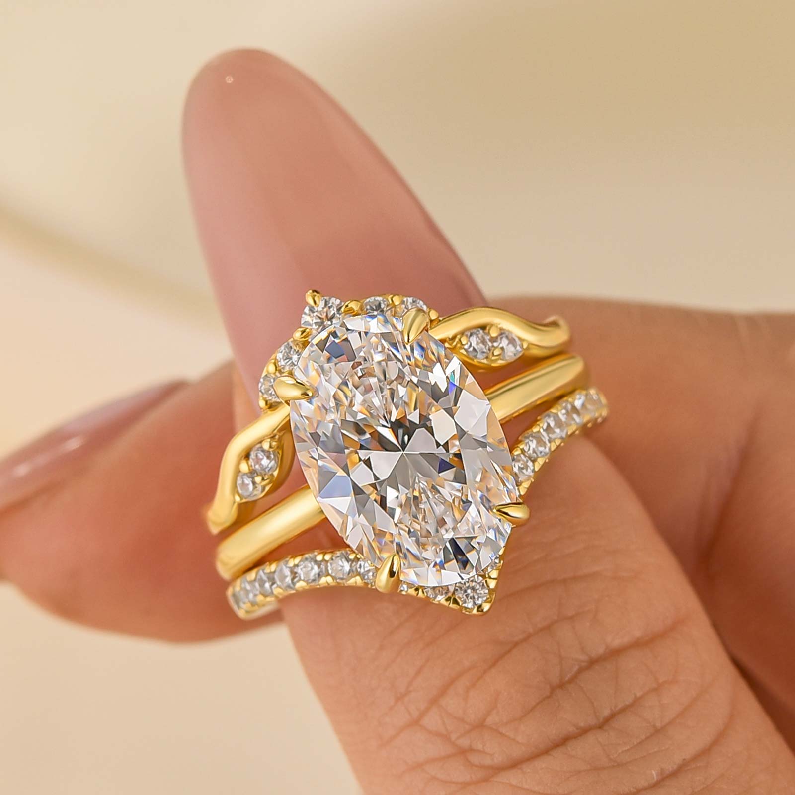 3PC Wedding Set Oval Cut Hidden Halo Solitaire Engagement Ring with 2PC Design Wedding Band