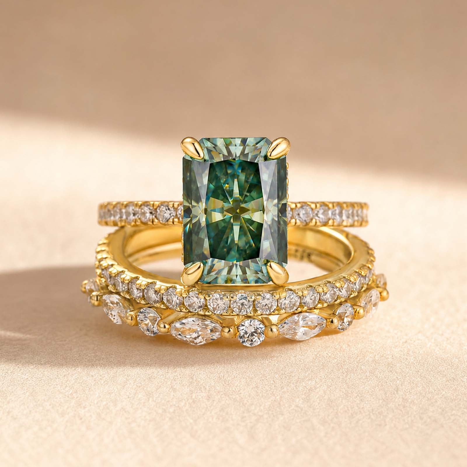 S925 Moissanite 3.5CT Radiant Cut Green Engagement Ring with Round & Marquise Accents Bands