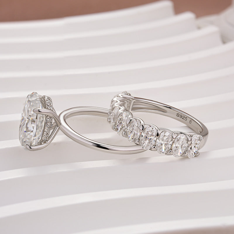 Moissanite 4.0Ct Solitaire Oval Cut Engagement Ring with Half Oval Cut Wedding Band - louilyjewelry