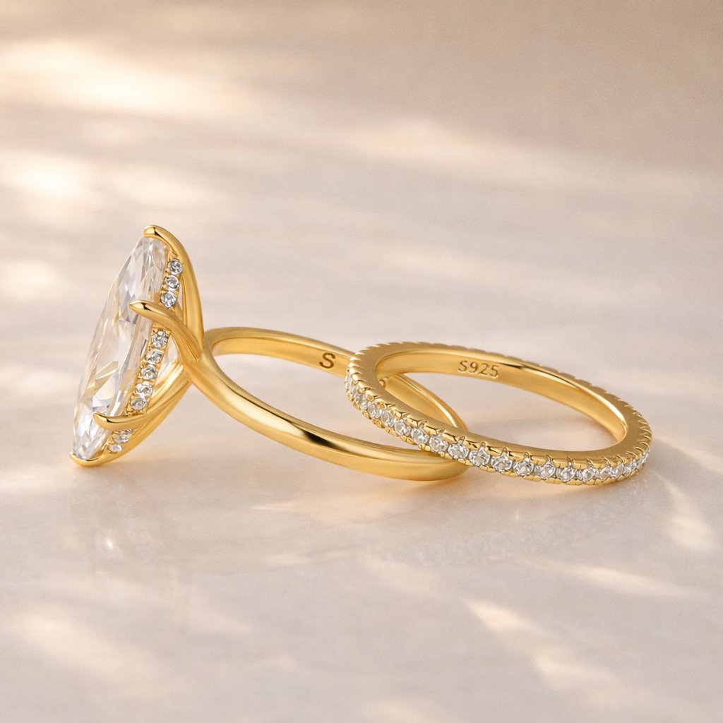 S925 2PC 4.0Ct Solitaire Marquise Cut Engagement Ring with Pave Band - louilyjewelry