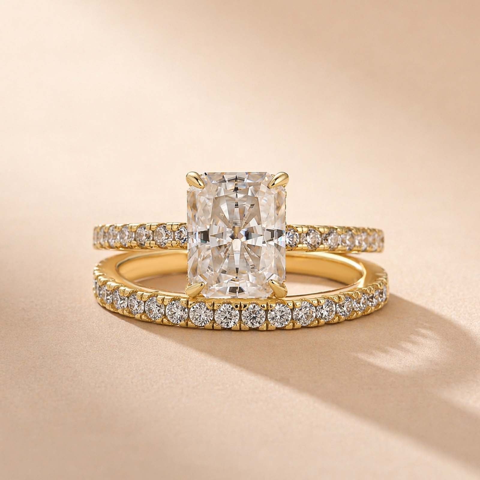S925 2.0Ct Radiant Cut Moissanite Engagement Ring Set In Sterling Silver With Pave Wedding Band
