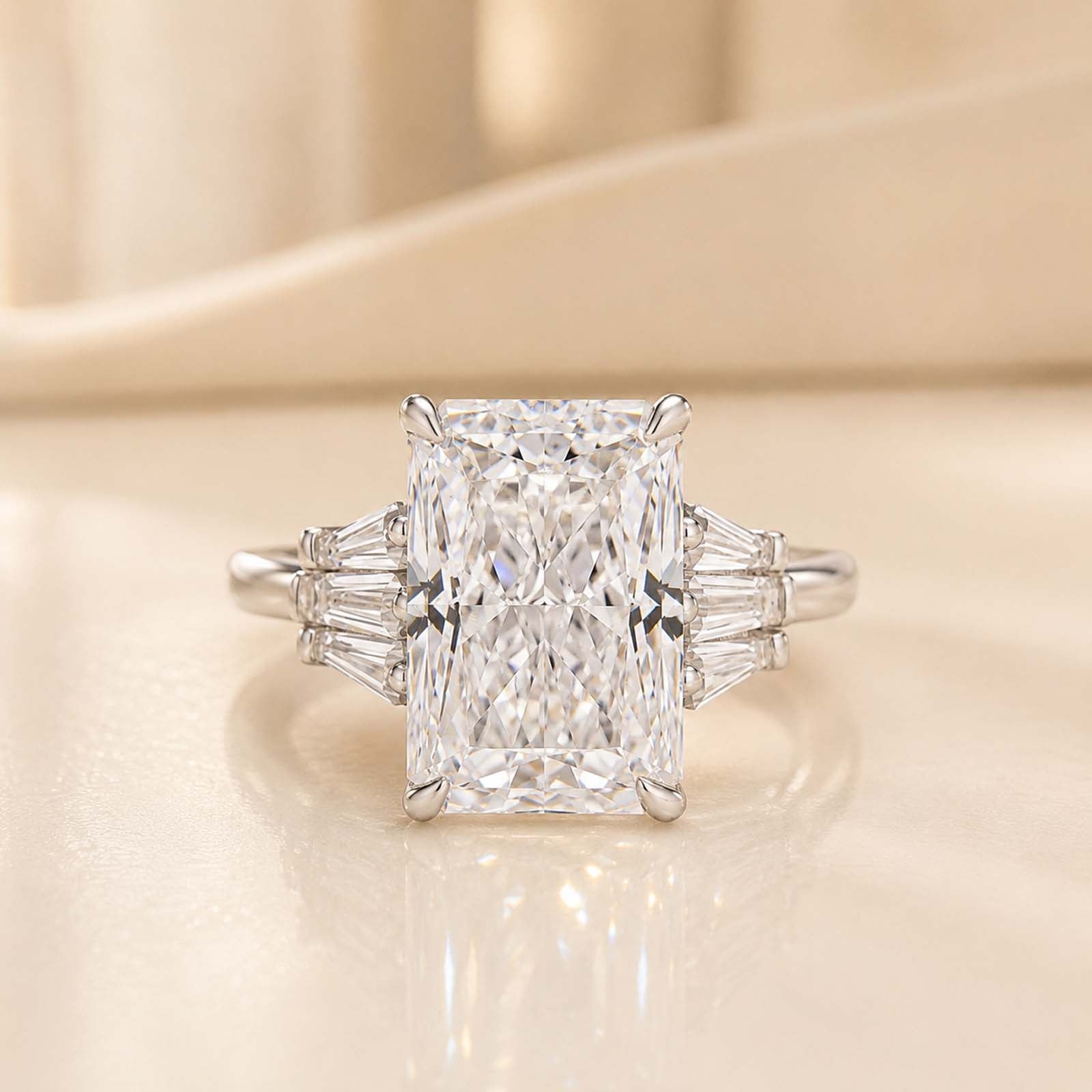 S925 5.0Ct Radiant Cut Sterling Silver Side Stone Simulated Diamond Engagement Ring