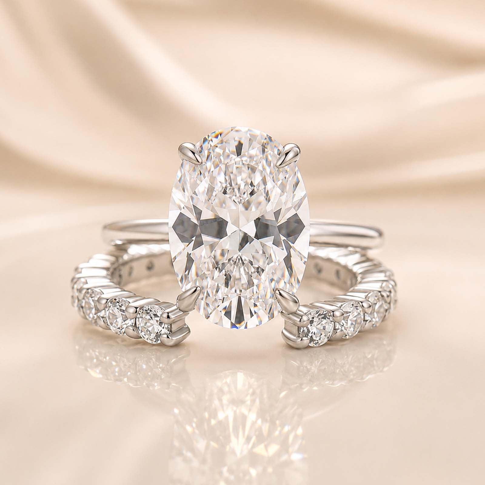 S925 4.5Ct Oval Cut Solitaire Engagement Ring in Sterling Silver with Open Round Cut Eternity Wedding Band