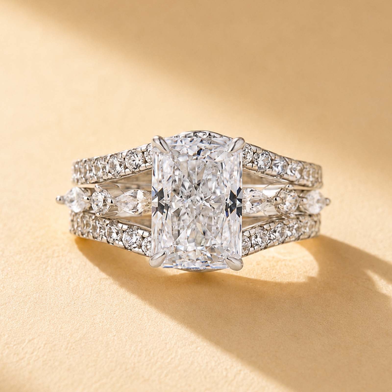 S925 3.5Ct Radiant Cut Engagement Ring in Sterling Silver & Round Cut Wedding Band Enhancer Ring Sets