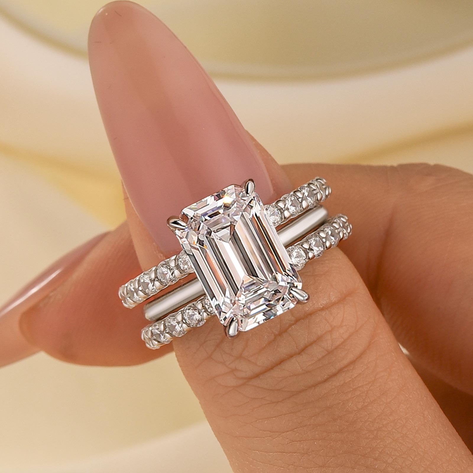 3PC 5.0Ct Emerald Cut Wedding Ring Set With Two Open Wedding Bands
