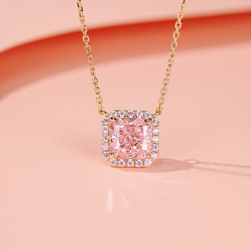 Louily Elegant Halo Cushion Cut Pink Stone Pendant Necklace - louilyjewelry