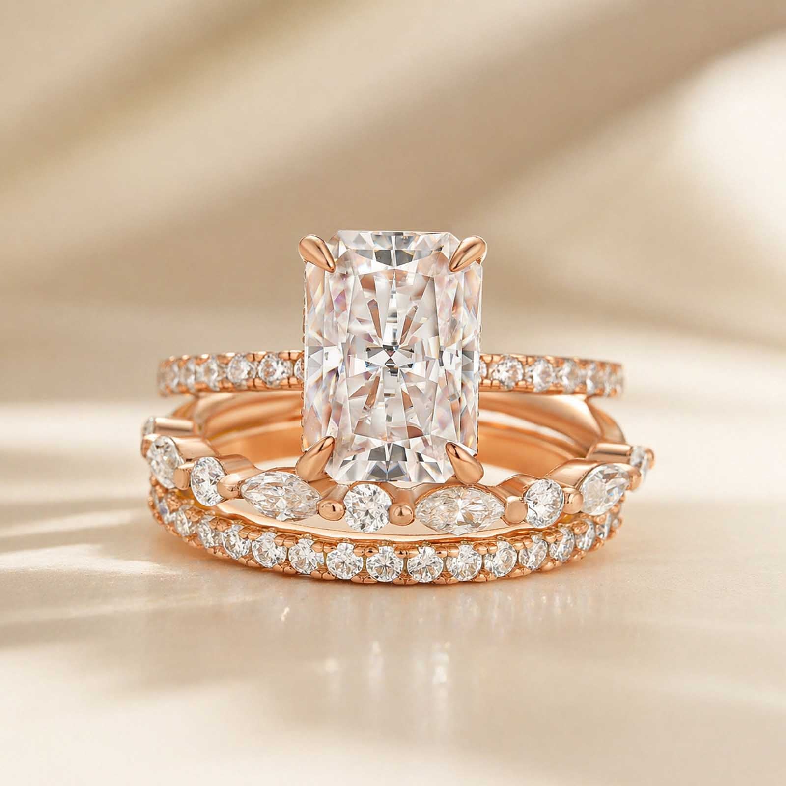 S925 3.5Ct Radiant Cut 3PC Wedding Ring Set Stackable Rings For Everyday Wear