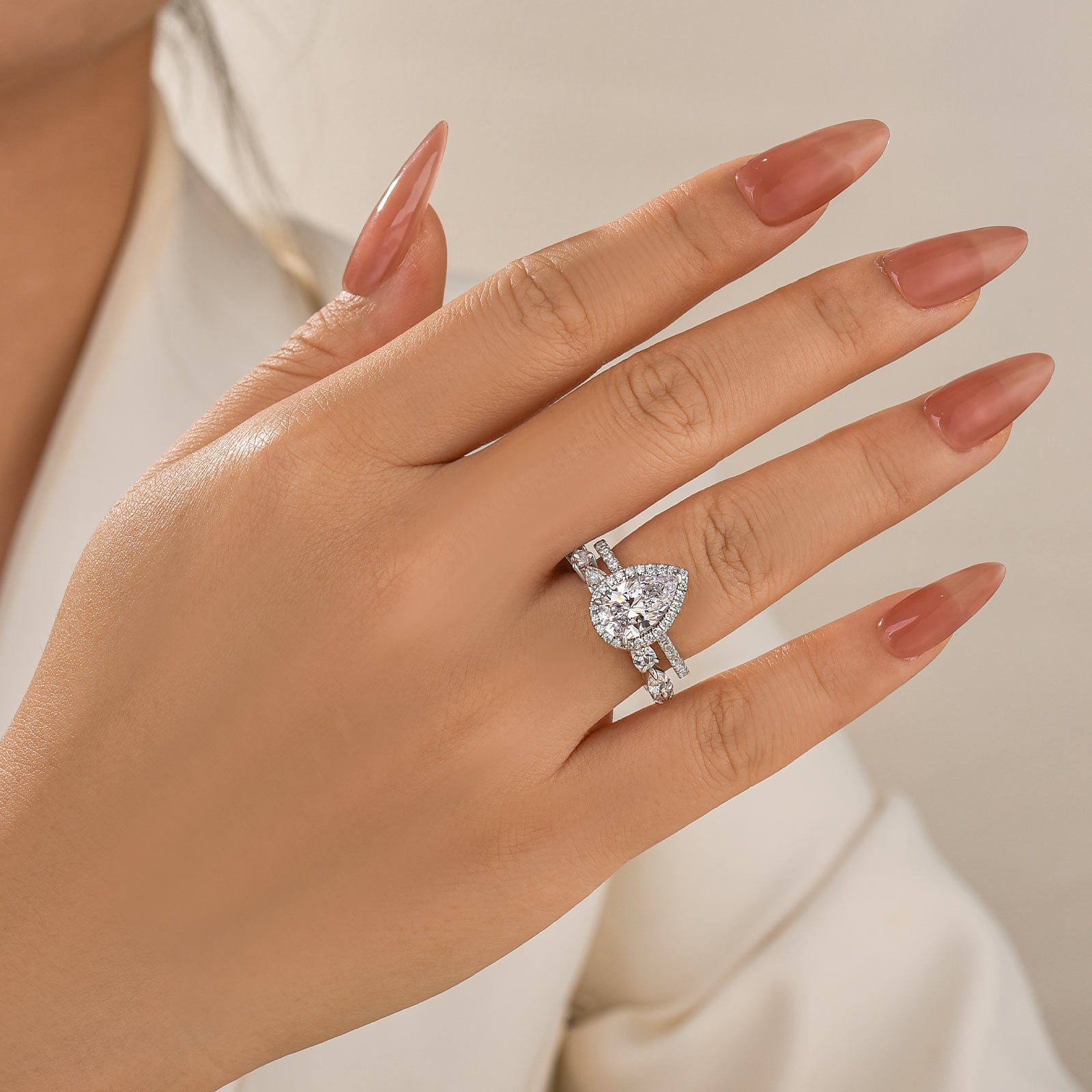 Louily Halo Pear Cut Wedding Ring Set In Sterling Silver