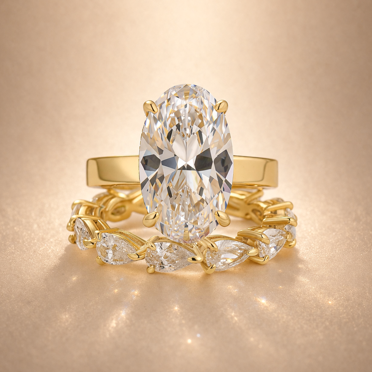 S925 Luxe 6CT Oval Solitaire Engagement Ring With Leaf Enhancer Band 2PC Wedding Set In 18K Gold Plated Silver
