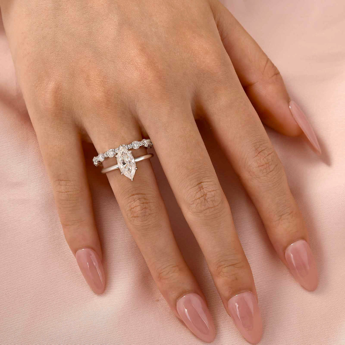 S925 Moissanite 2.0Ct Marquise Cut Hidden Halo Engagement Ring & 1.5Ct Band Bridal Ring Sets