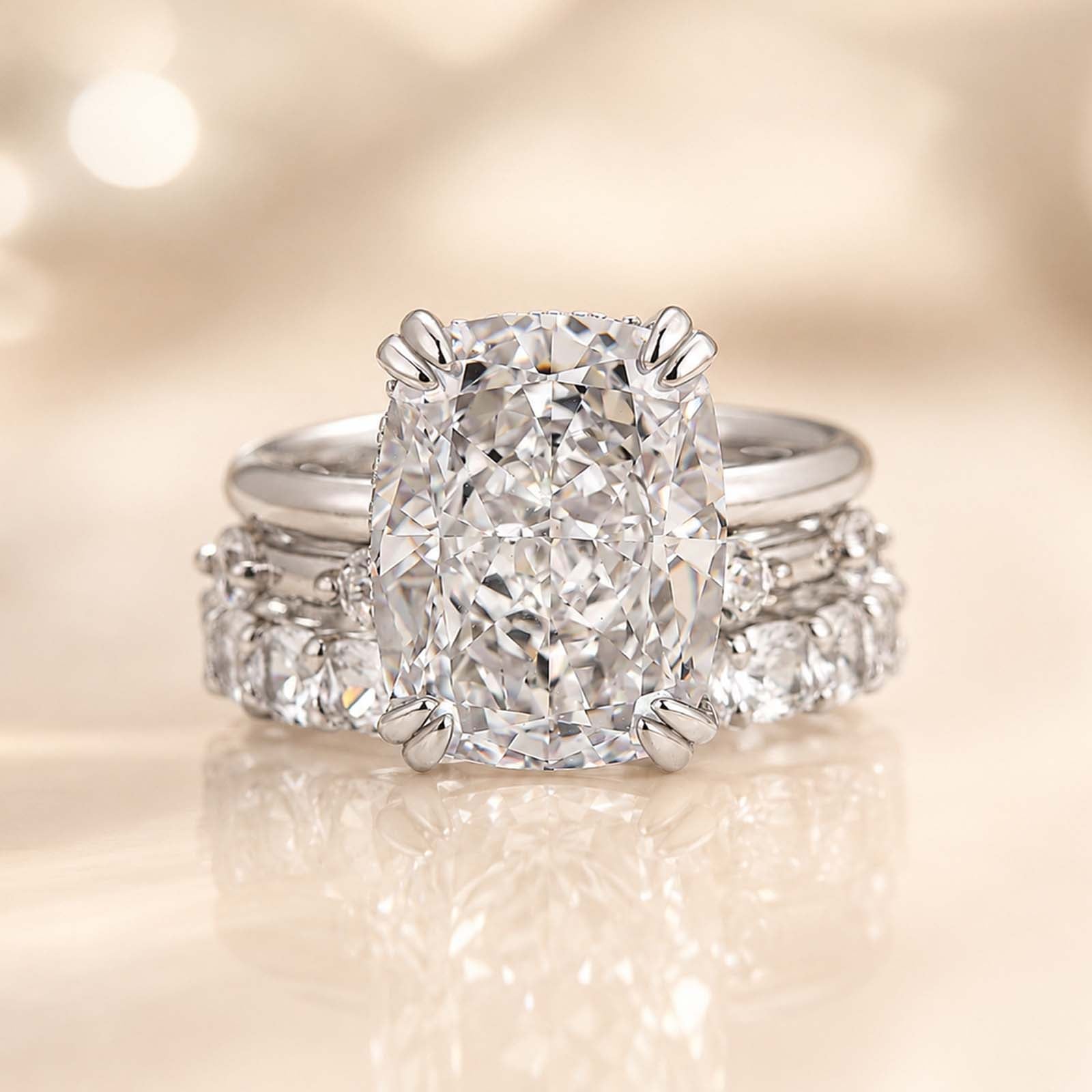S925 8.0Ct Cushion Cut Wedding Set in Sterling Silver Promise Ring with Classic Wedding Bands
