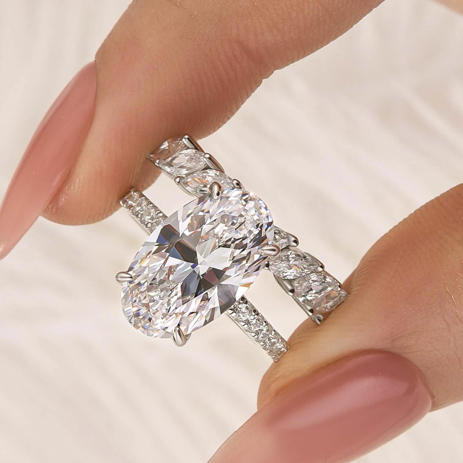 2PC 6.0Ct Oval Cut Wedding Ring Set With Marquise Cut Wedding Band - louilyjewelry