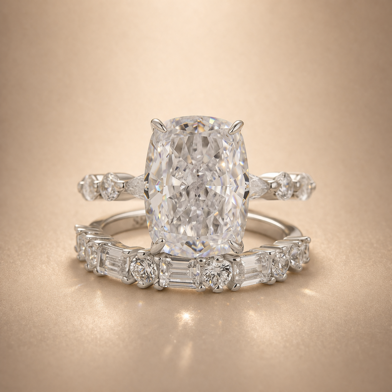 S925 Crushed Ice 5.0Ct Cushion Cut Engagement Ring in Sterling Silver with Wedding Band