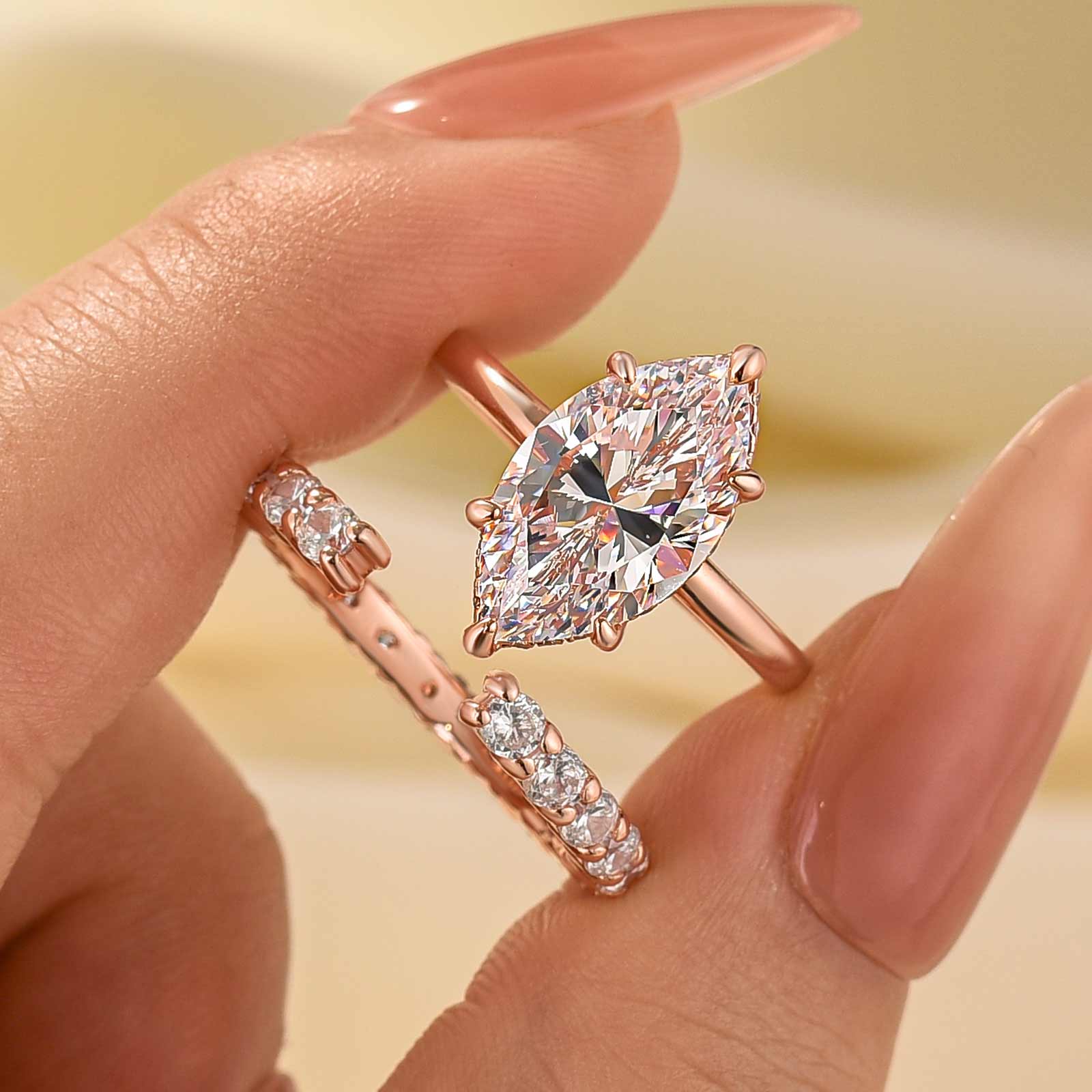 4.0 Carat Marquise Cut Engagement Ring With Classic Open Wedding Band