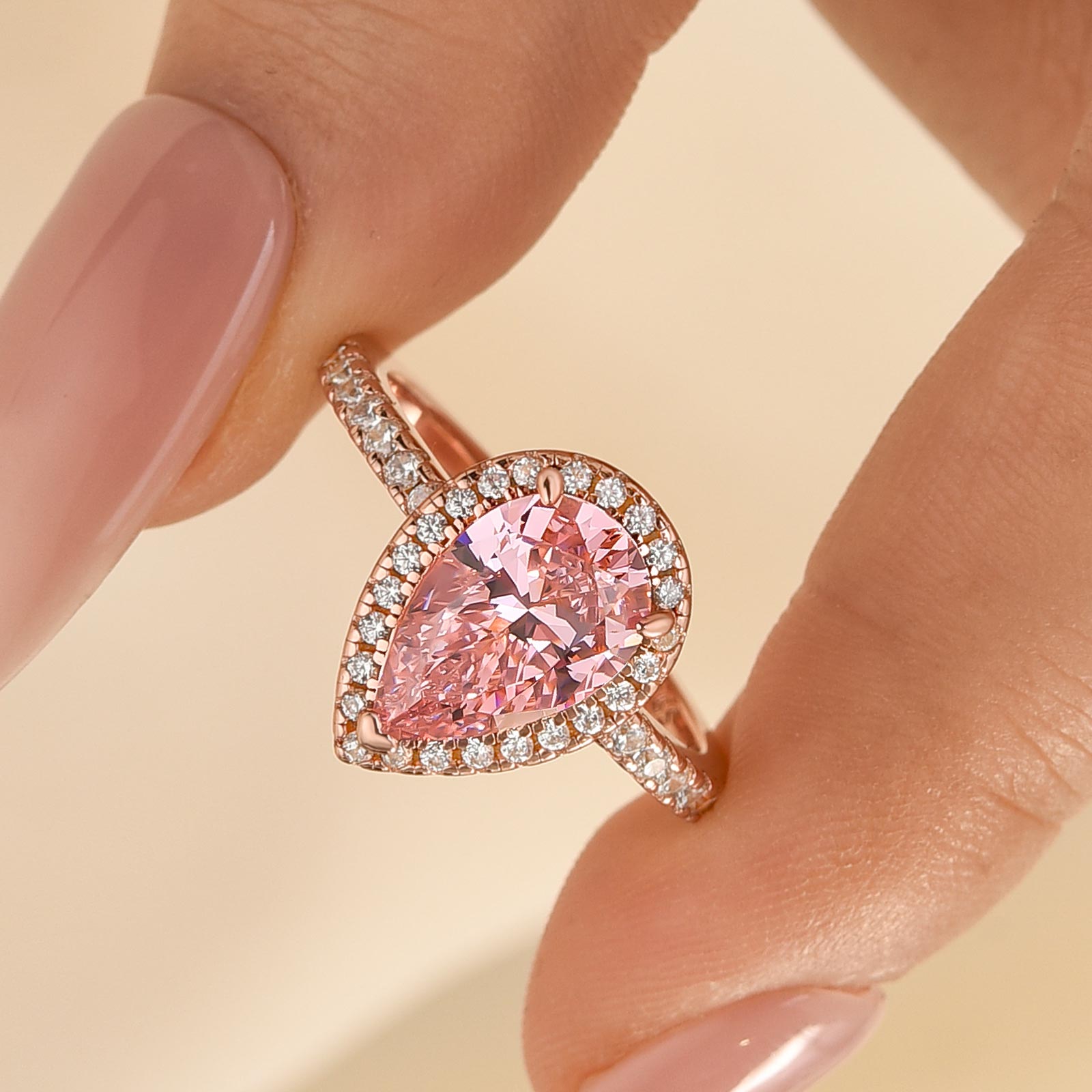 Louily Rose Gold Halo Pear Cut Synthetic Morganite Engagement Ring