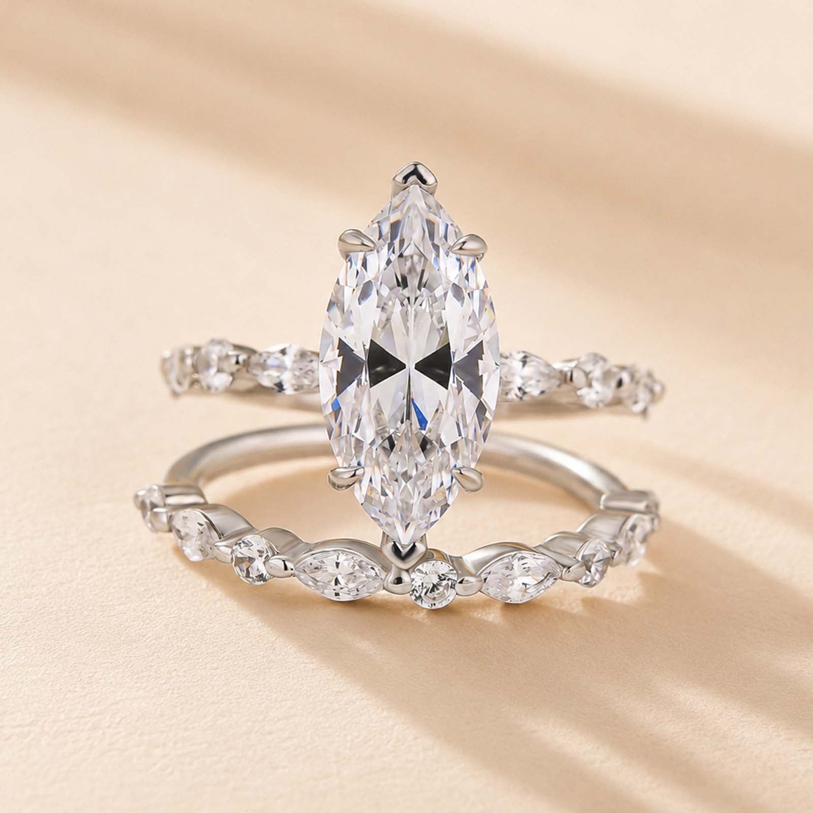 S925 3.0Ct Marquise Cut Engagement Ring & Matching Wedding Band Stackable Ring Sets in Sterling Silver