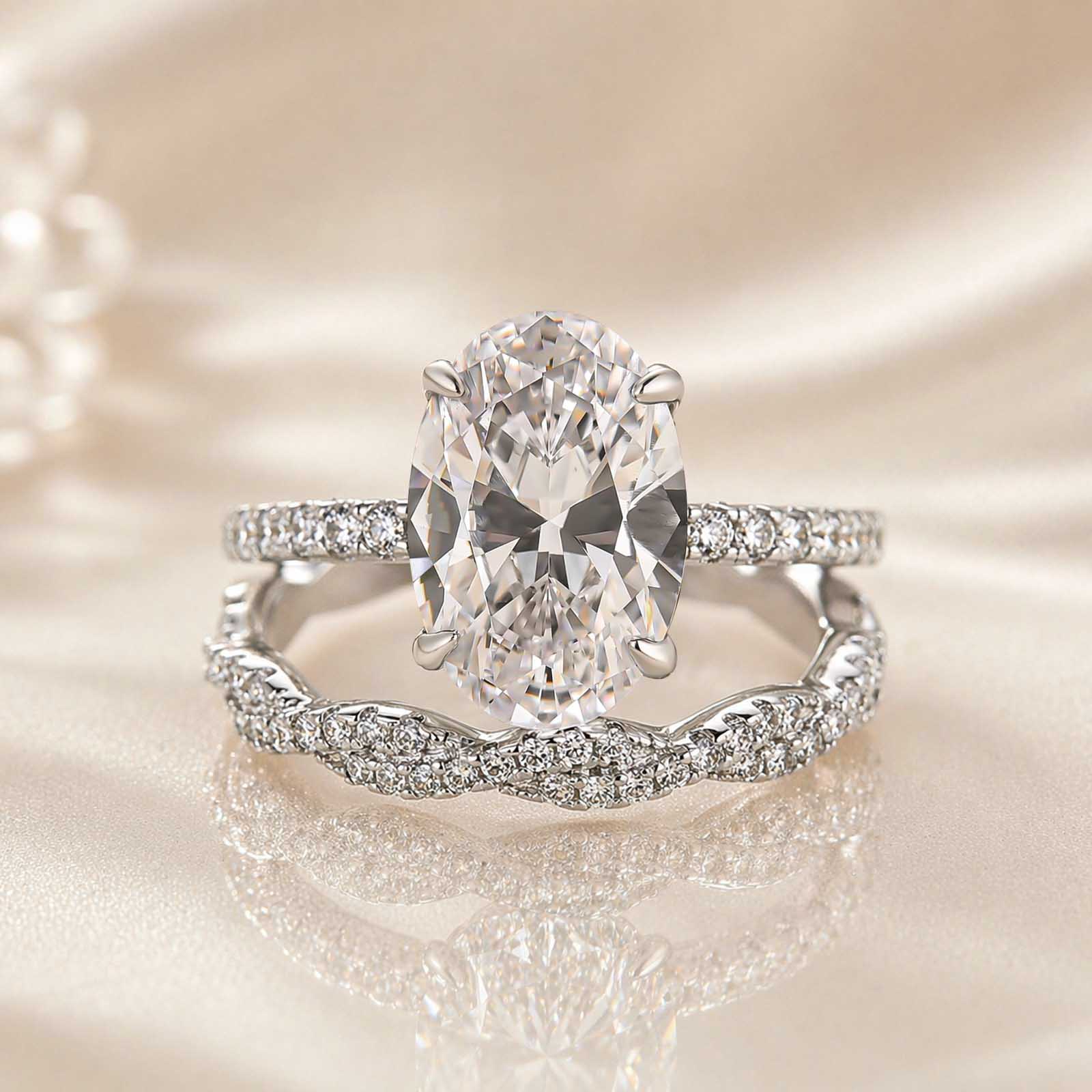 S925 4.0Ct Oval Cut Engagement Ring in Sterling Silver with Elegant Pave Twist Eternity Wedding Band