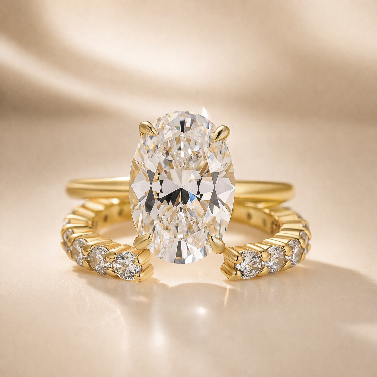 S925 4.5Ct Oval Cut Solitaire Engagement Ring in Sterling Silver with Open Round Cut Eternity Wedding Band