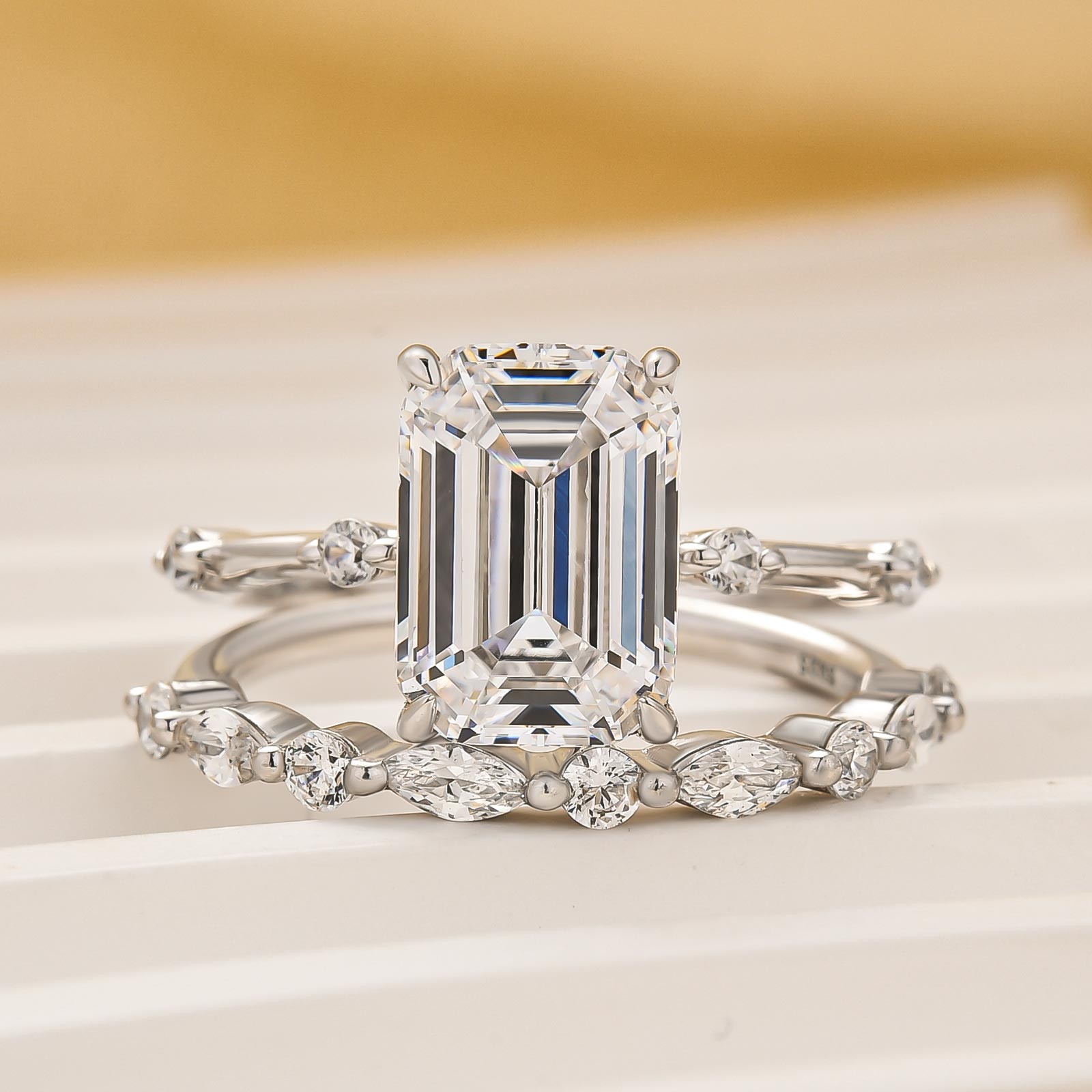 Louily Unique 3.0 Carat Emerald Cut Ring Set For Women
