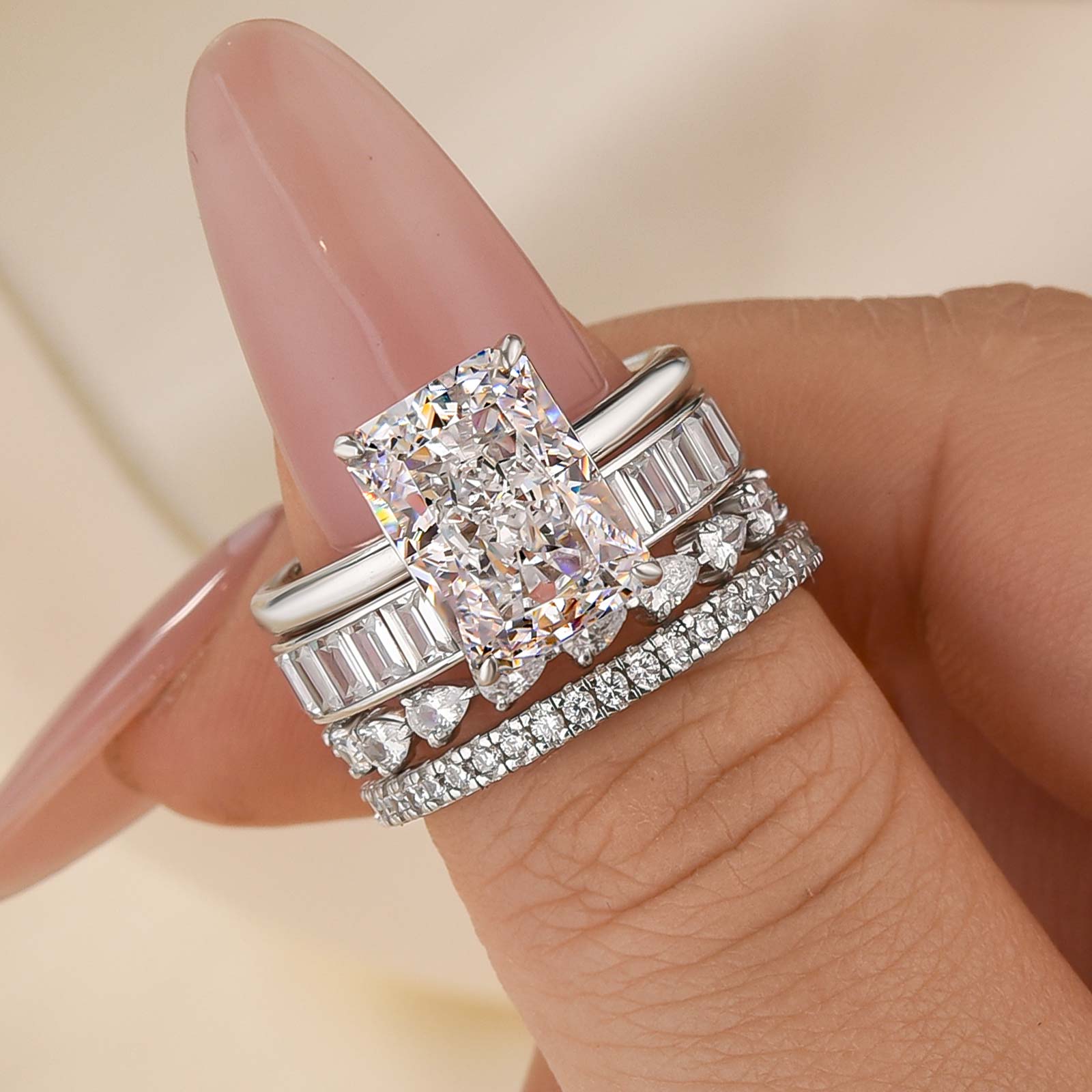 4PC 4.5Ct Elegant Engagement Ring Set with Triple Stacking Wedding Bands