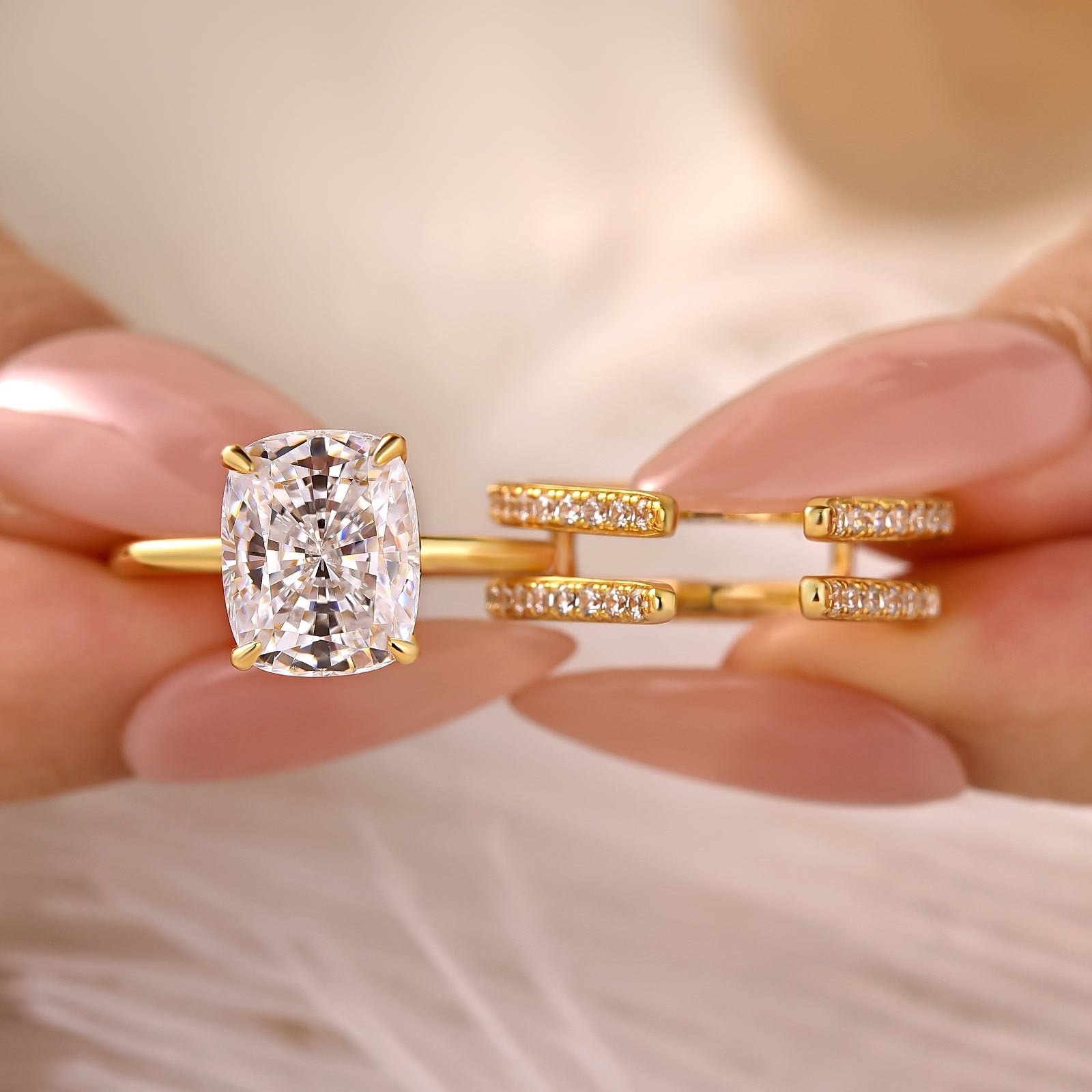 S925 4.0 Ct Cushion Cut Hidden Halo Engagement Ring with Open Enhancer Wedding Band