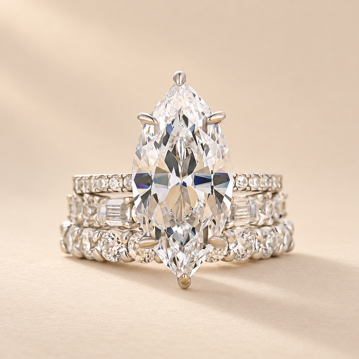 S925 3PC 6.0Ct Marquise Cut Hidden Halo Engagement Ring with Eternity Wedding Band