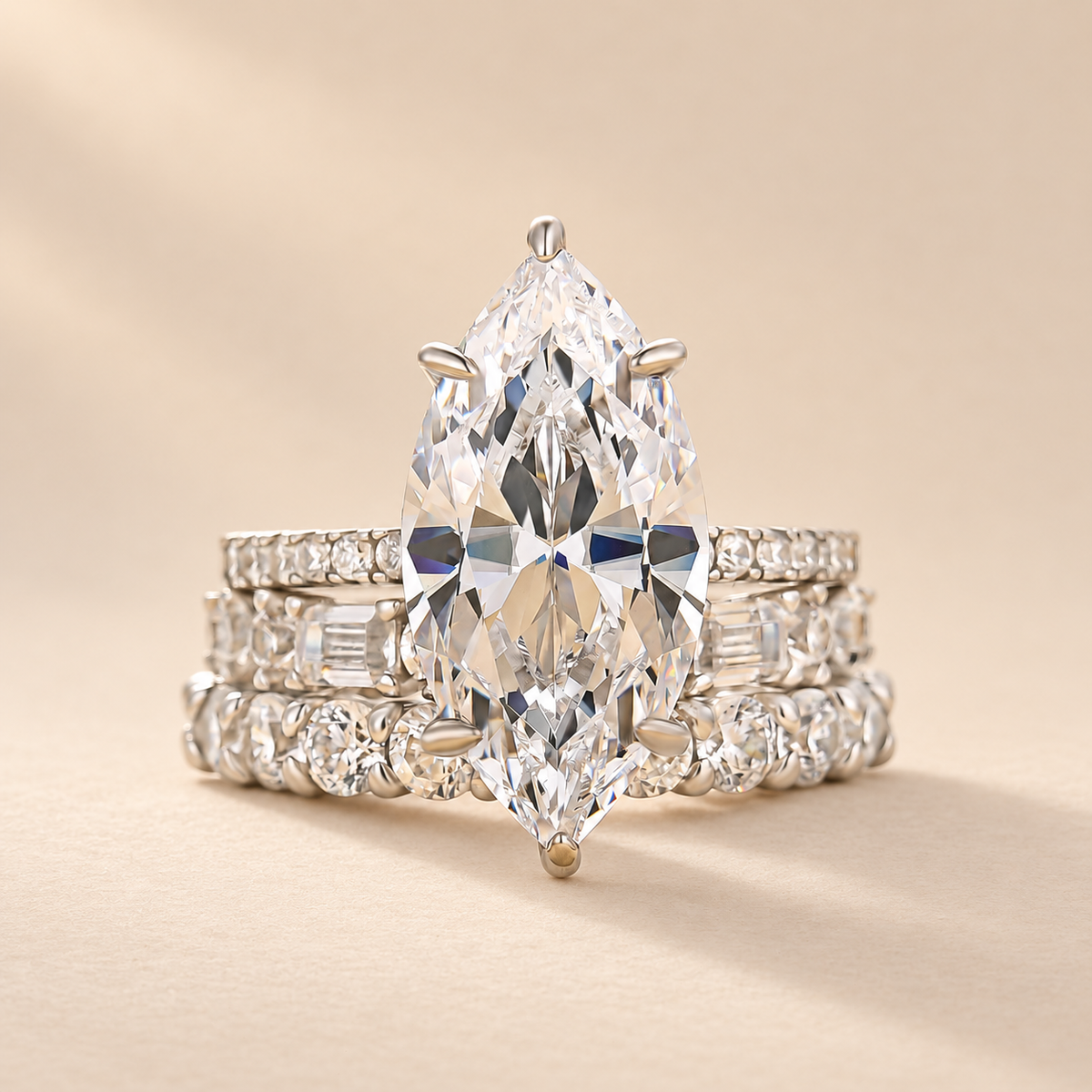 S925 3PC 6.0Ct Marquise Cut Hidden Halo Engagement Ring with Eternity Wedding Band