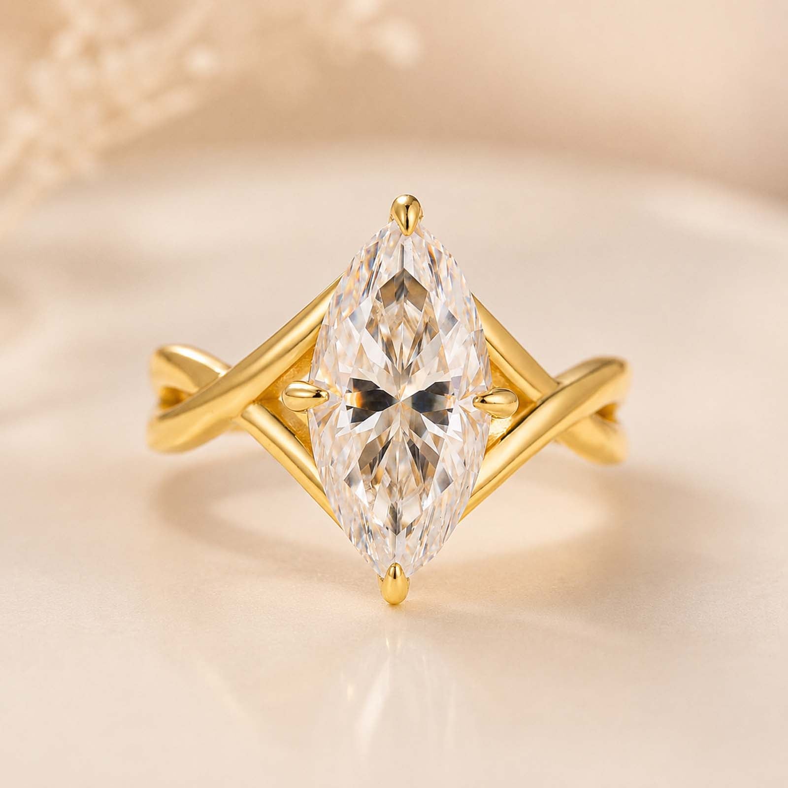 S925 Moissanite Twist 3.0Ct Marquise Cut Yellow Gold Engagement Ring
