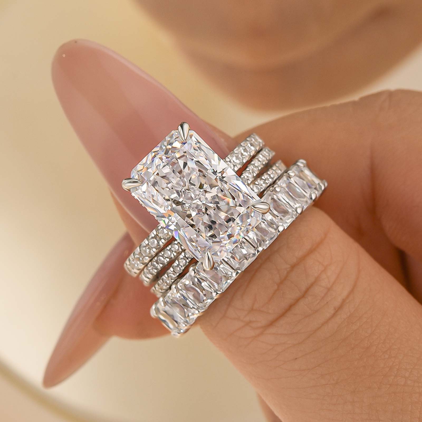 3PC Wedding Sets 7.0Ct Radiant Cut Hidden Halo Half Eternity Engagement Ring with 2PC Design wedding bands