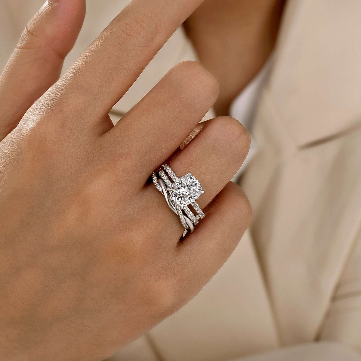 S925 3PC Hidden Halo 3.0Ct Cushion Cut Twist Statement Wedding Ring Sets