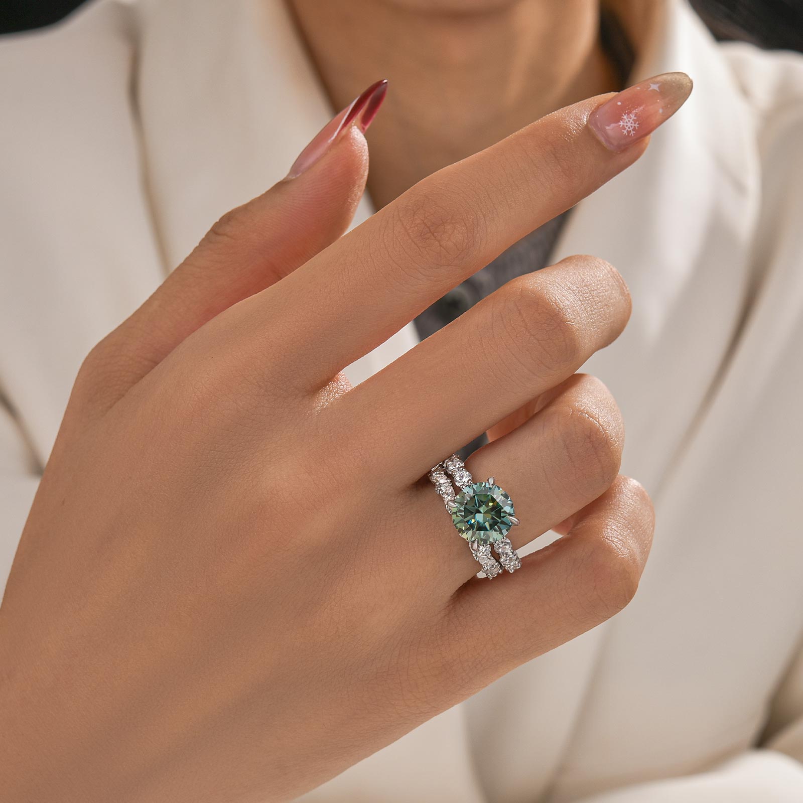 2PC Moissanite 4.0Ct Round Cut Green Stone Engagement Ring With Round&Marquise Cut Wedding Band