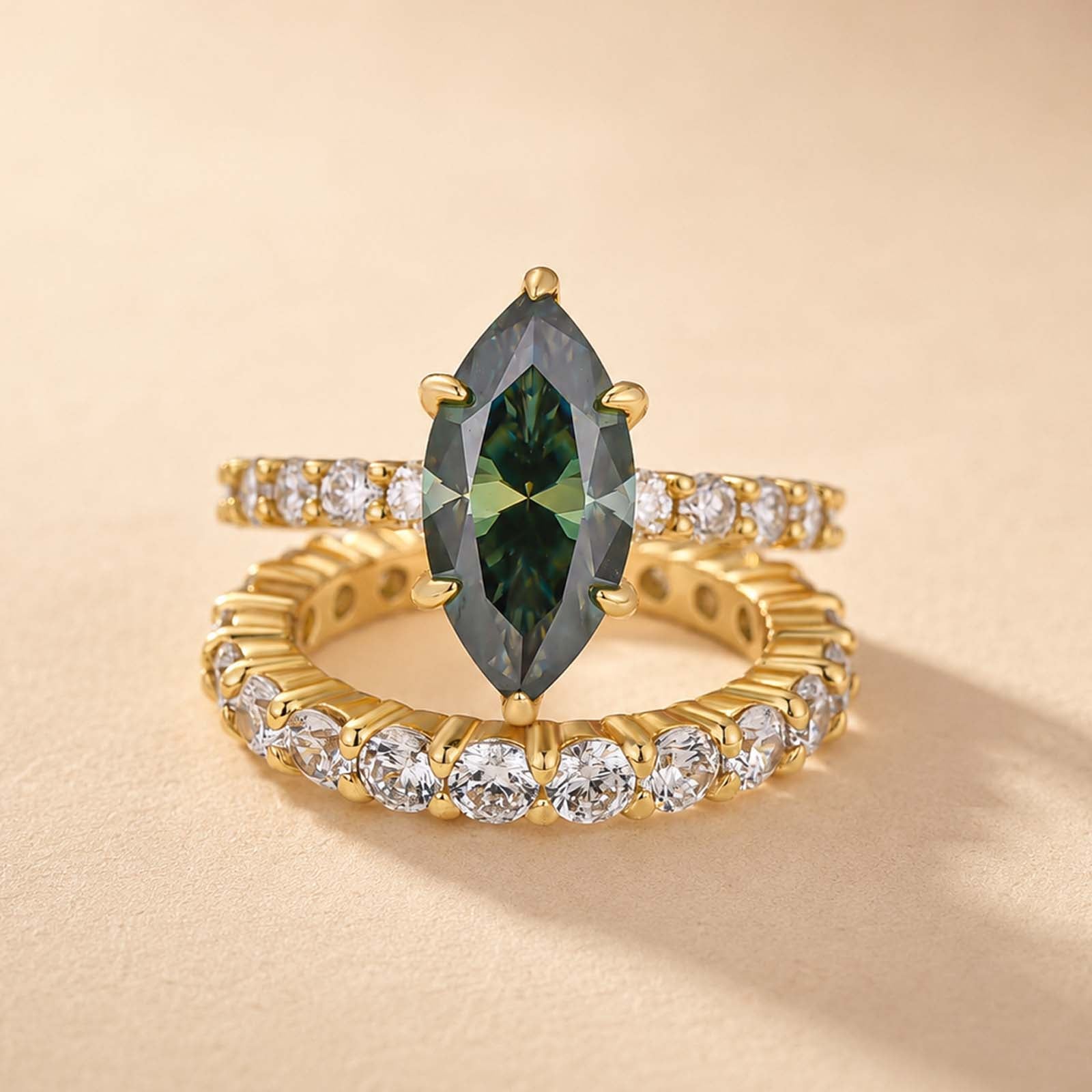 S925 Moissanite 3.0 Ct Marquise Cut Side Stone Yellow Gold Engagement Ring/Wedding Set In Sterling Silver
