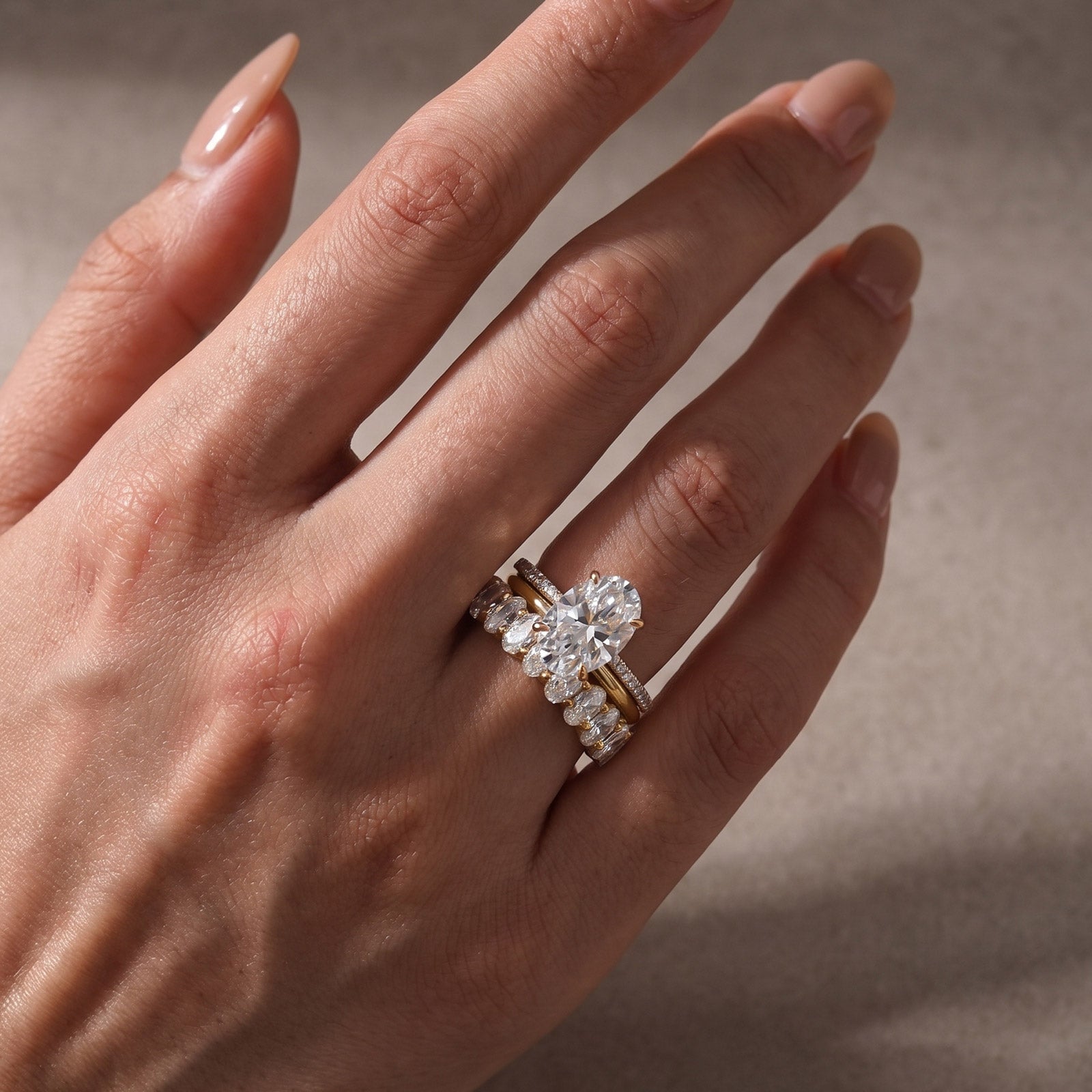 S925 3PC Moissanite 4.0Ct Oval Cut Ring & Two Classic Wedding Bands Stackable Statement Ring Sets