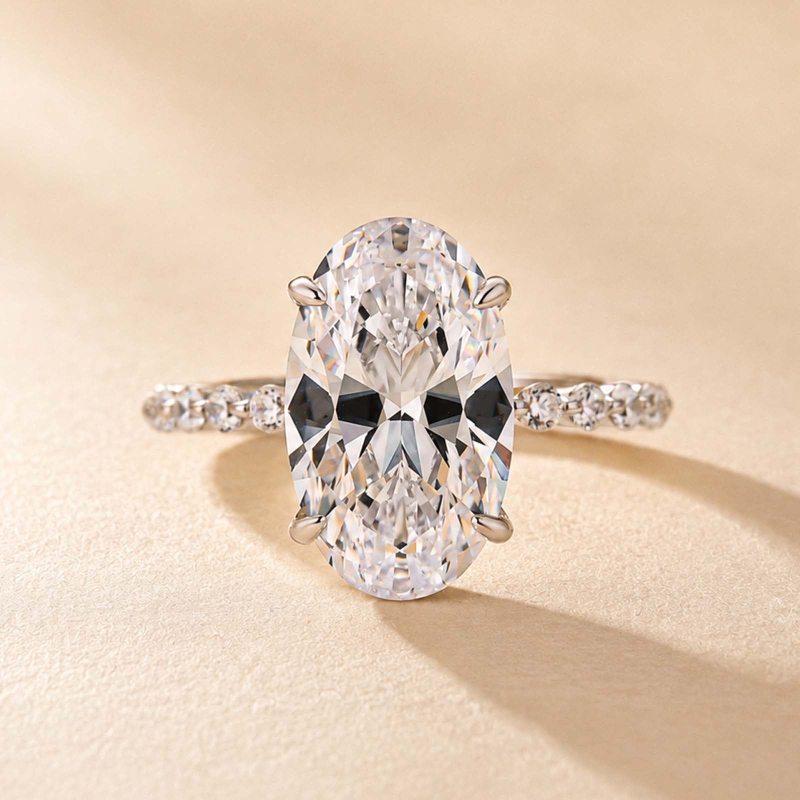 S925 5.0Ct Oval Cut Side Stone Simulated Diamond Engagement Ring For Everyday Wear