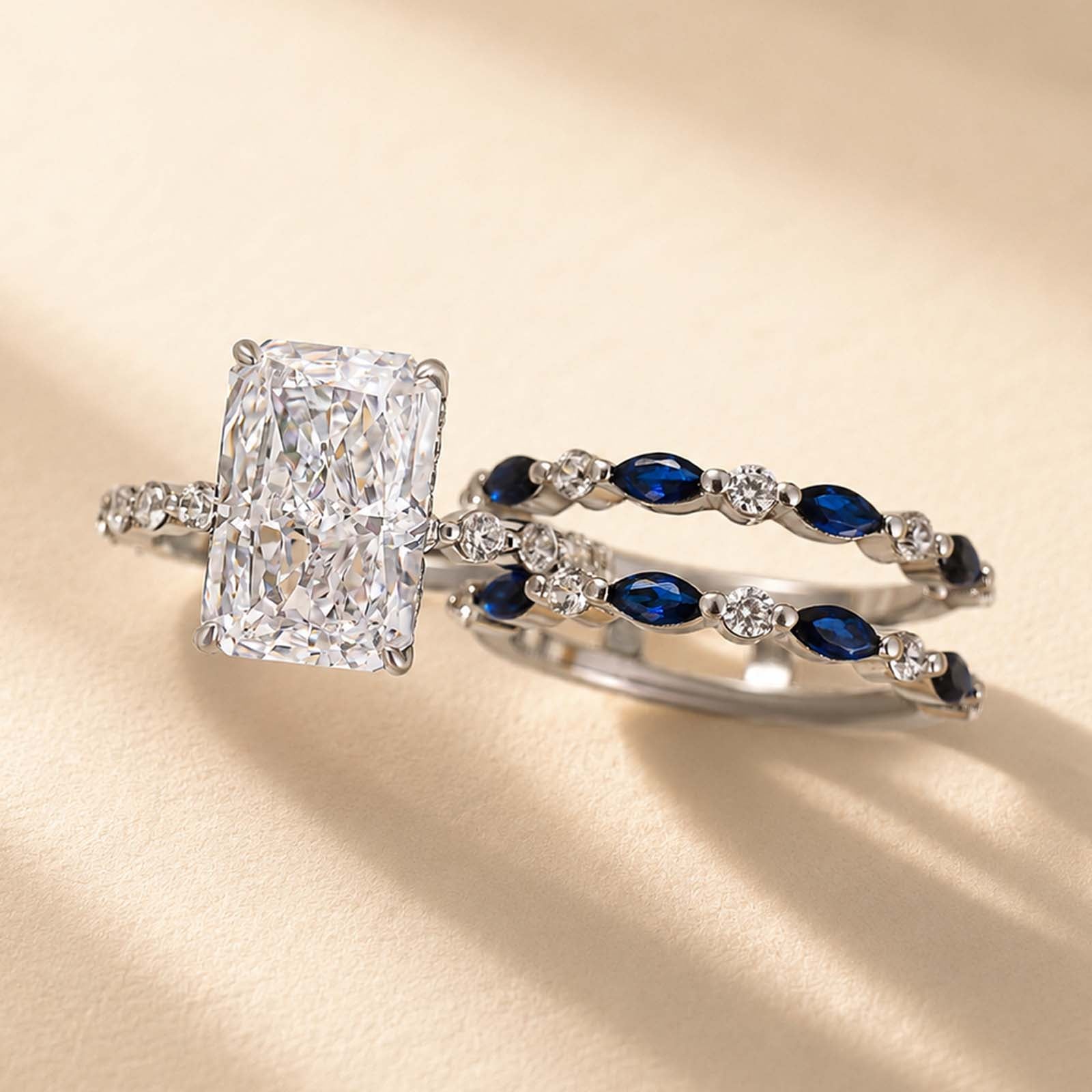 S925 Elegant 5.0Ct Radiant Cut Hidden Halo Stckable Enhancer Ring Sets in Sterling Silver