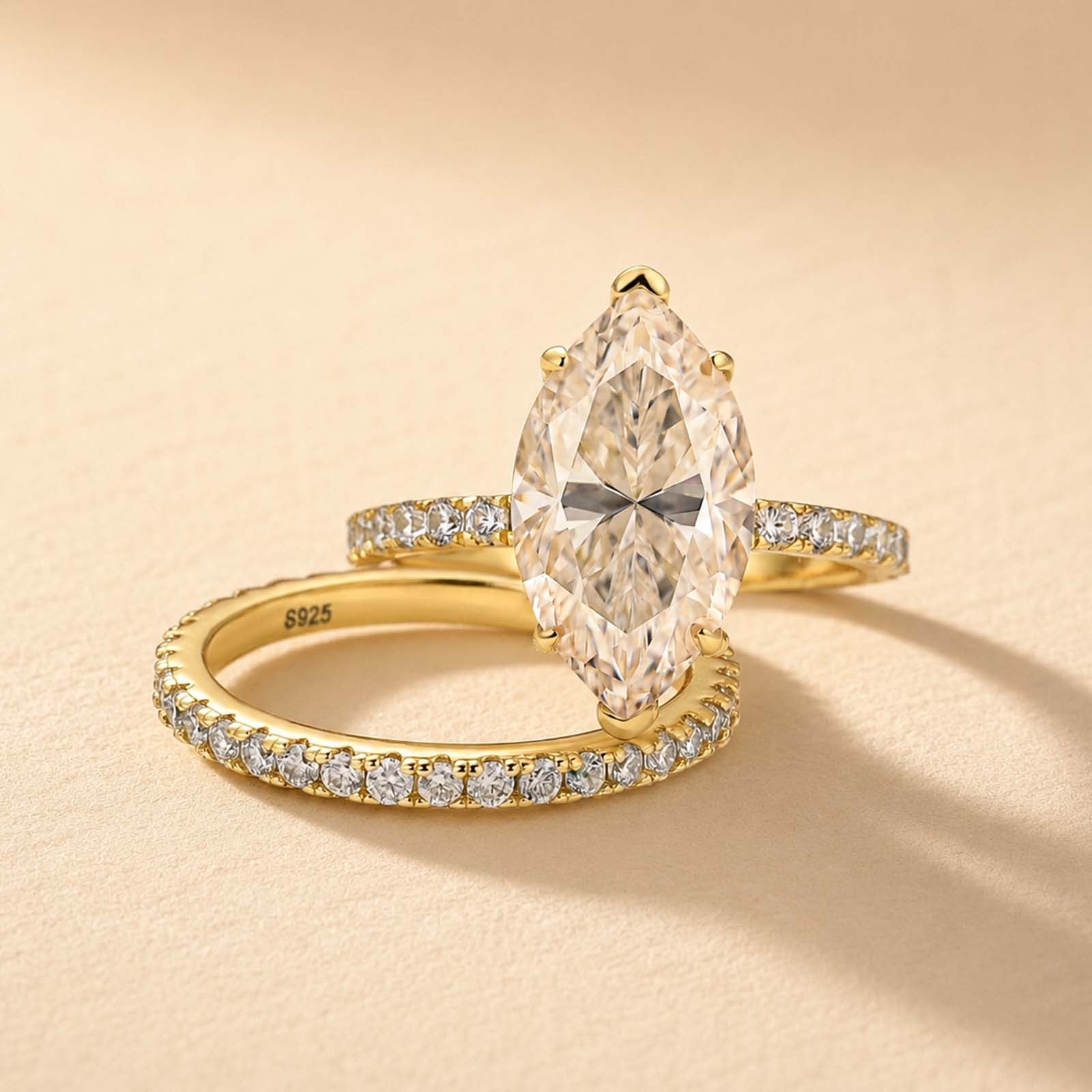 S925 4.0Ct Marquise Cut Wedding Ring Set Travel Ring With Classic Wedding Band For Women