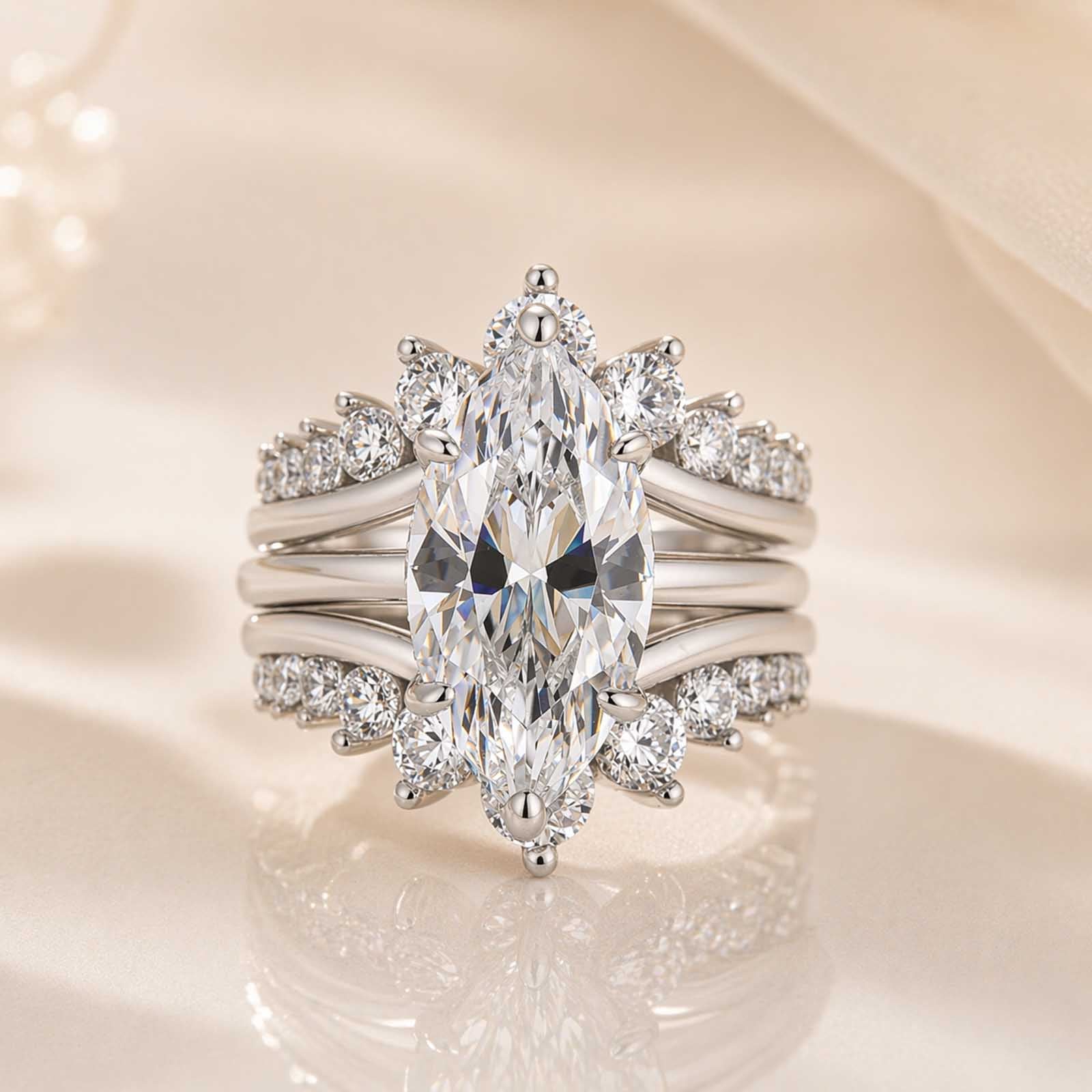 S925 4.0Ct Wedding Set Marquise Cut Hidden Halo Engagement Ring With Maxine Fashion Round Cut Jacket Wedding Band