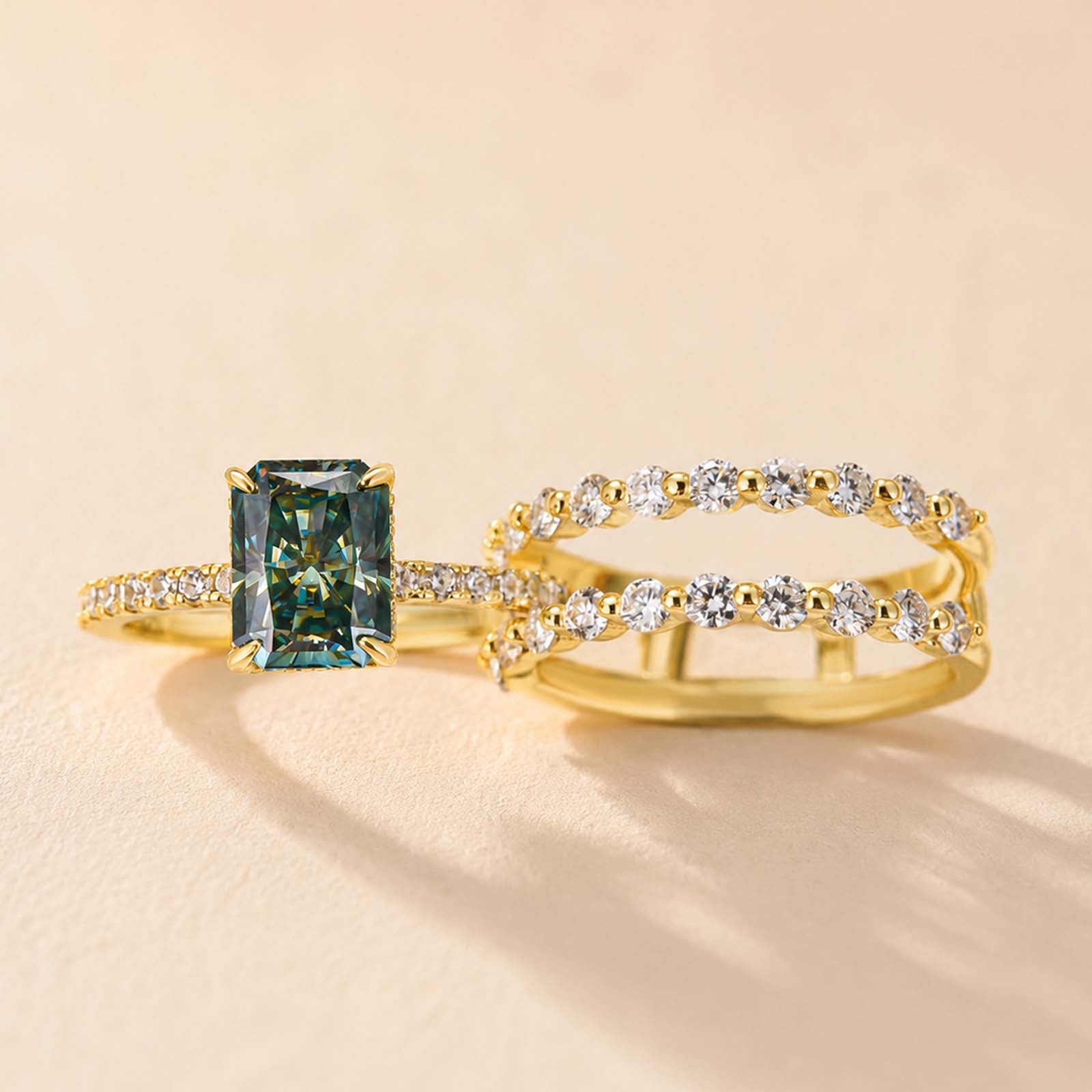 S925 Moissanite 2.0Ct~3.0Ct Radiant Cut/Round Cut Green Hidden Halo Vintage Enhancer Ring Sets For Everyday Wear