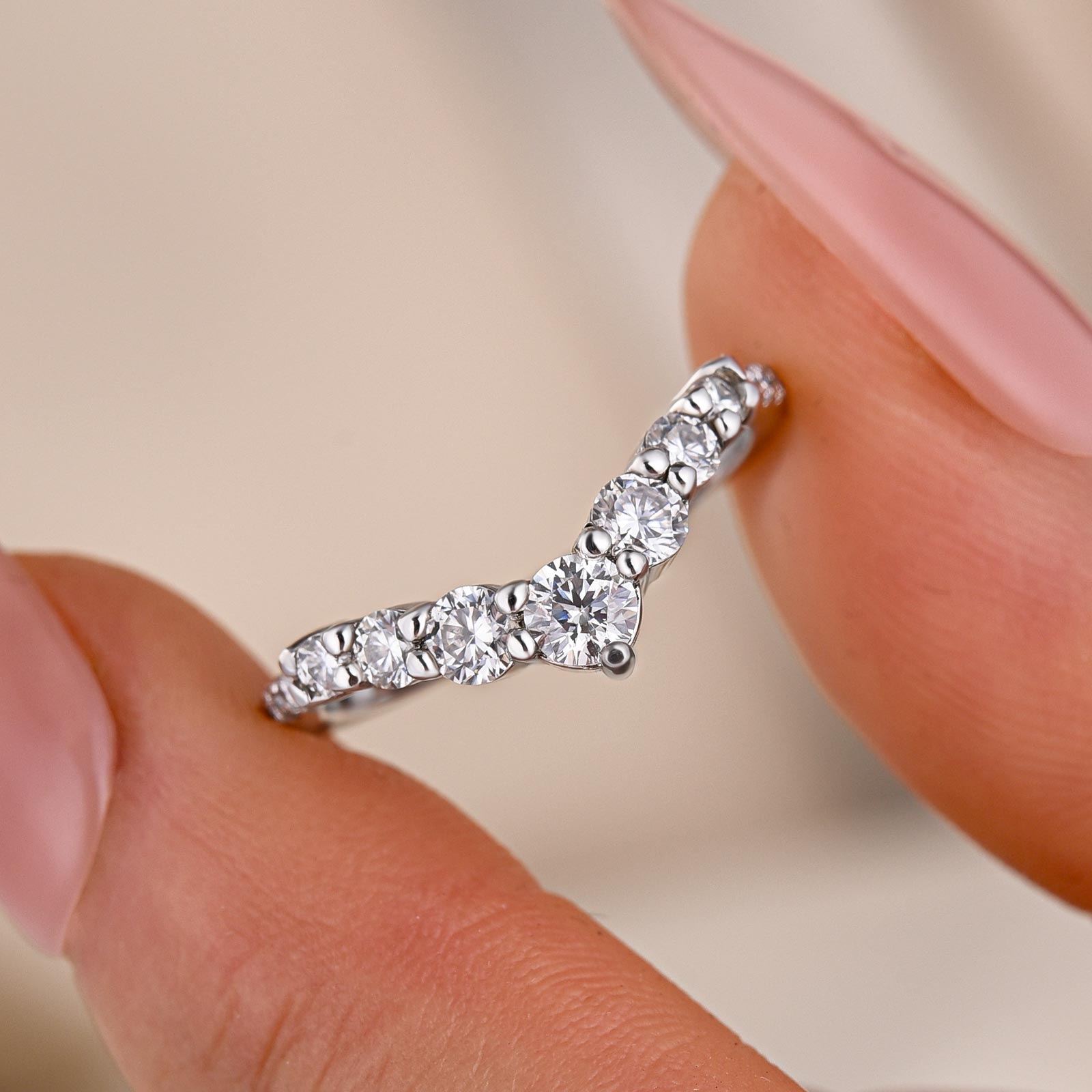 Moissanite Curved Design Thin Stacking Wedding Ring In Sterling Silver