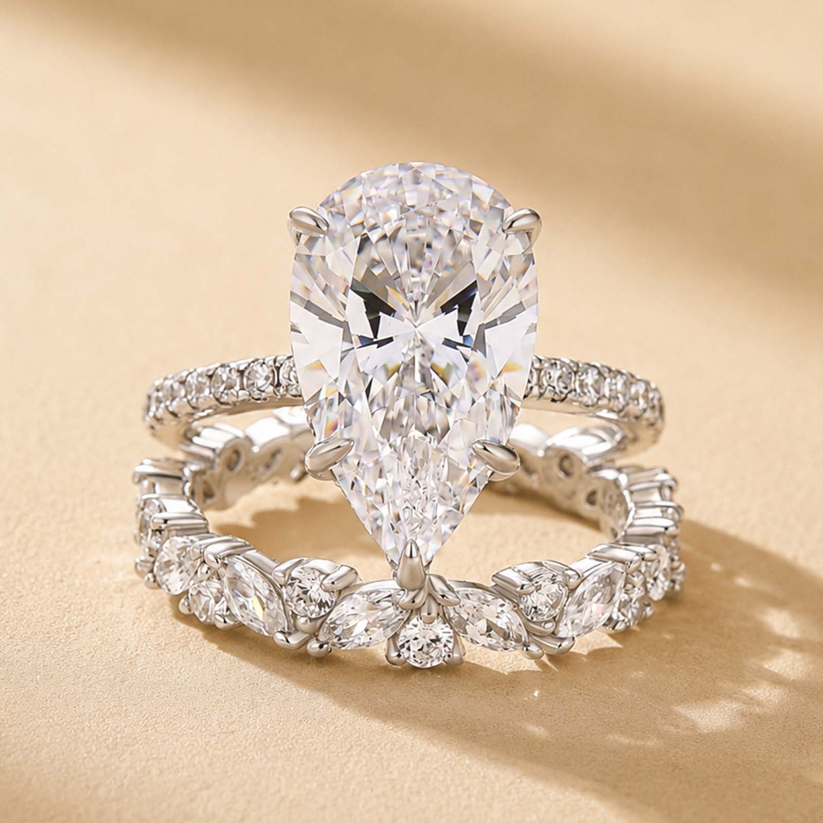 S925 4.5Ct Pear Cut Hidden Halo Engagement Ring & Wedding Band Statement Ring Sets For Daily Wear