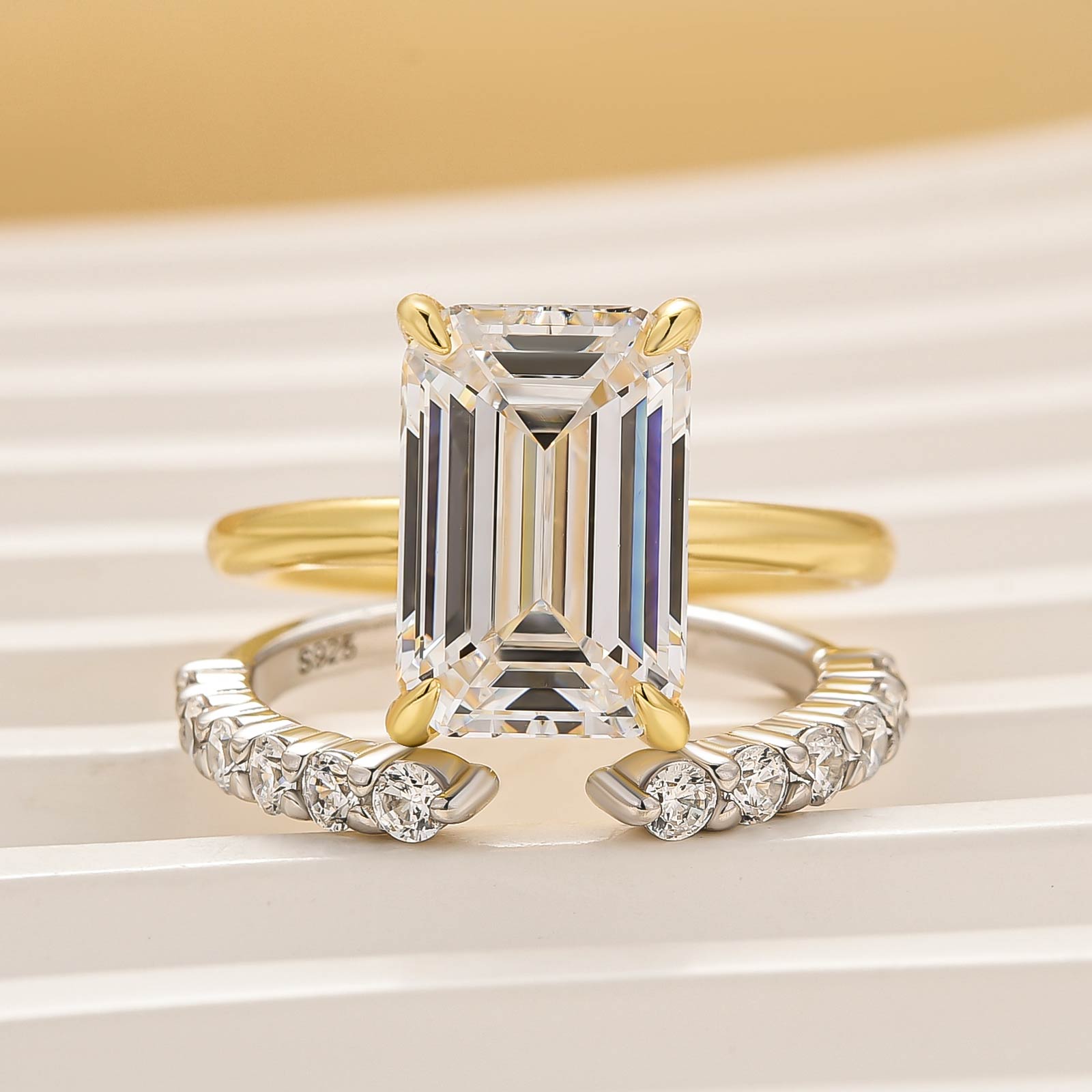 2PC 5.0Ct Solitaire Emerald Cut Wedding Ring Set with Open Wedding Band - louilyjewelry