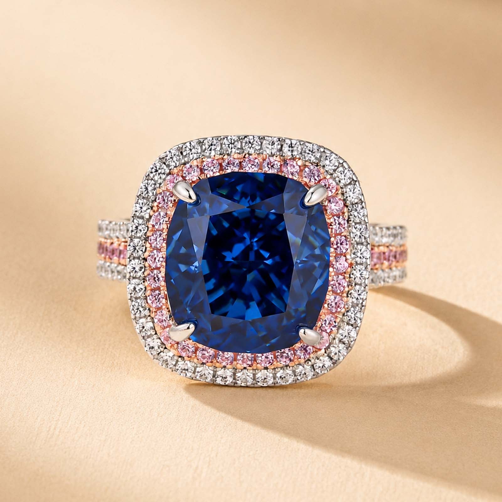 S925 Double Halo 6.0Ct Cushion Cut Three Shank Vintage Aquamarine Blue&Purple Engagement Ring