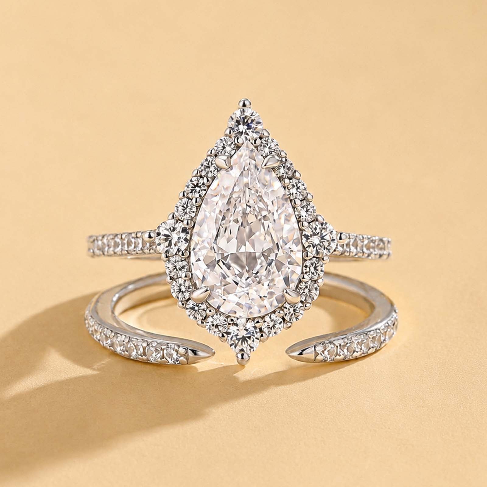 S925 3.0Ct Stunning Halo Pear Cut Stackable Romantic Ring Sets For Date Nights