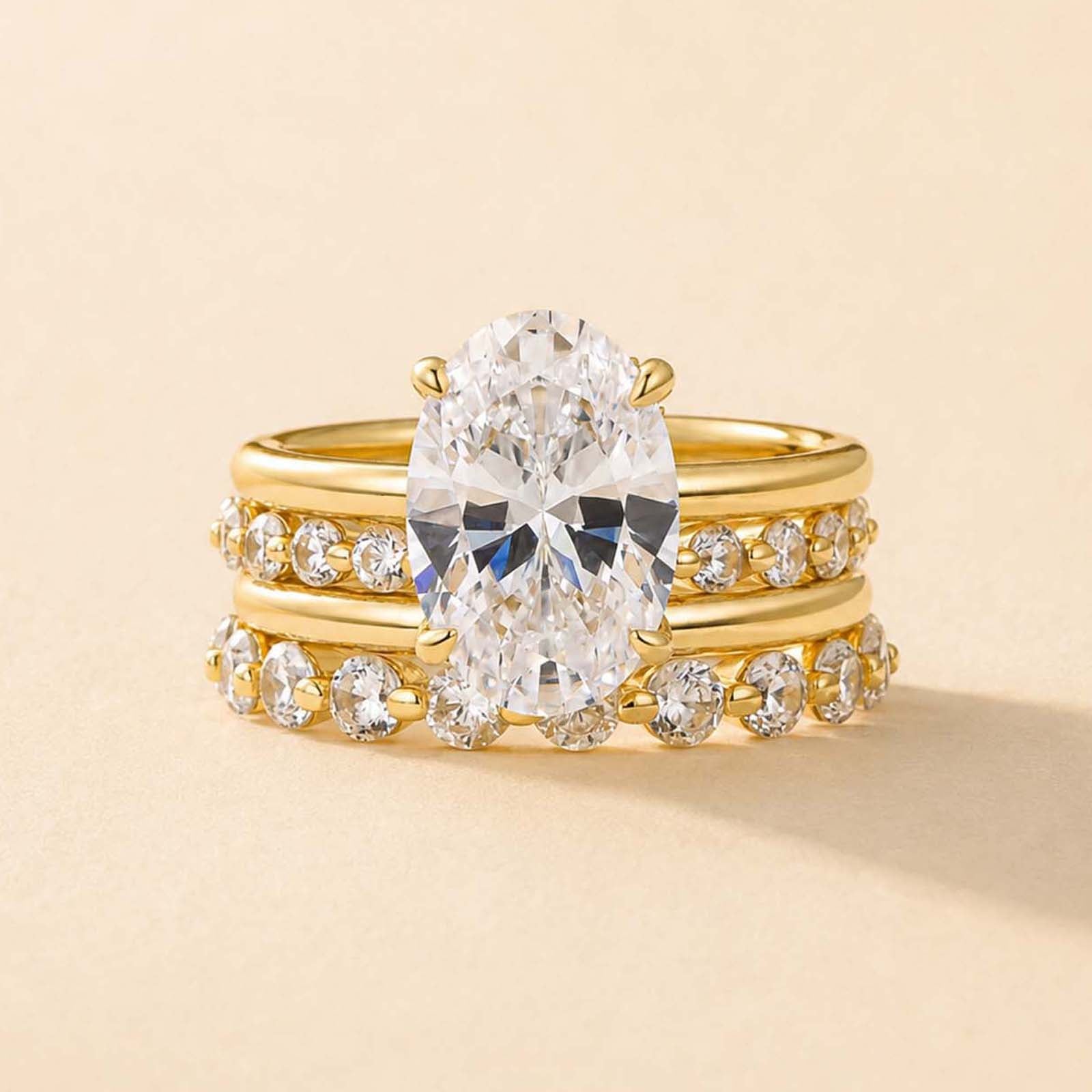 S925 Hidden Halo 4.0Ct Oval Cut Engagement Ring with 2.5Ct Round Cut Wedding Band 4PC Stackable Rings